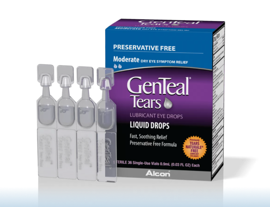 Single-dose vials and product box for GenTeal Tears Moderate Dry Eye Symptom Relief Preservative-Free Lubricant Eye Drops by Alcon