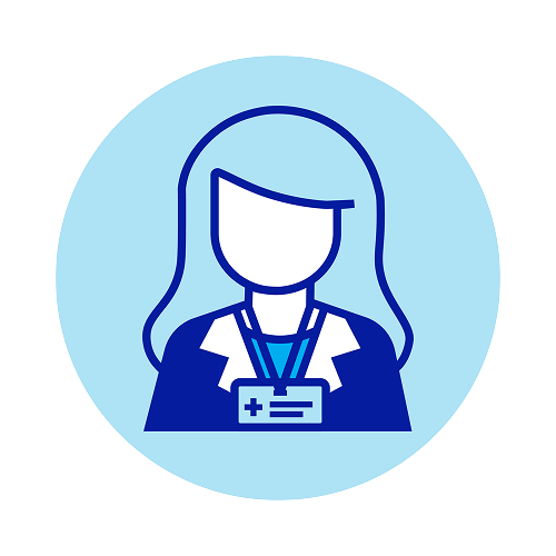 A young female eye care professional wearing scrubs sits beside an older woman with gray hair, both smiling and looking at a laptop screen