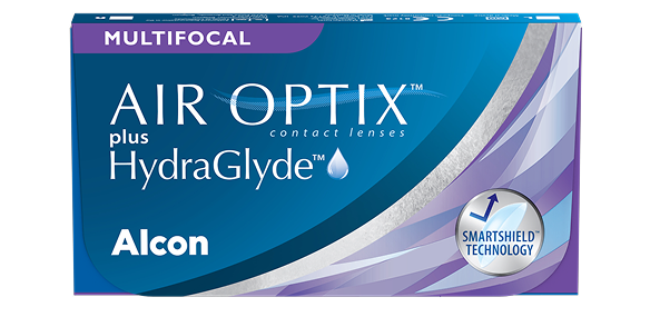 product box for Air Optix plus HydraGlyde Multifocal monthly contact lenses by Alcon