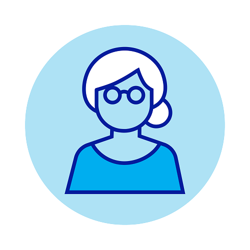 A young female eye care professional wearing scrubs sits beside an older woman with gray hair, both smiling and looking at a laptop screen