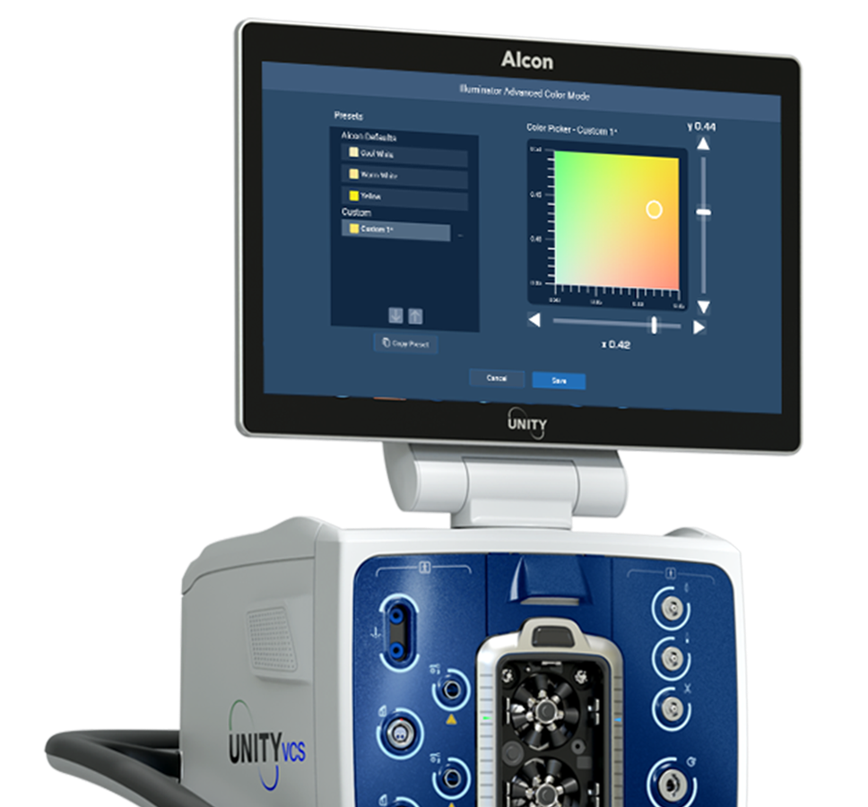 Alcon UNITY VCS surgical system with monitor displaying advanced color mode settings on a dark blue background.