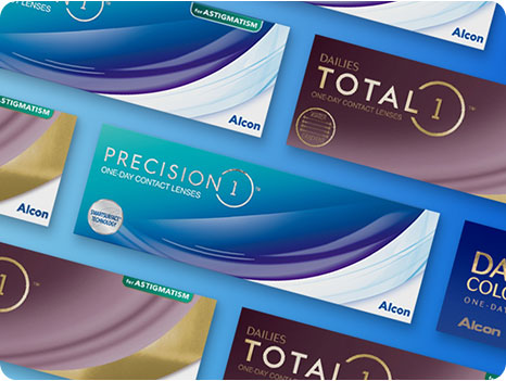 A collection of Alcon contact lens packaging, including Precision1, Dailies Colors and Dailies Total1