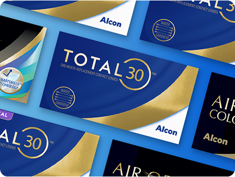 Alcon monthly contact lens packaging, including TOTAL30 and AIR OPTIX COLORS boxes, featuring bold blue and gold designs