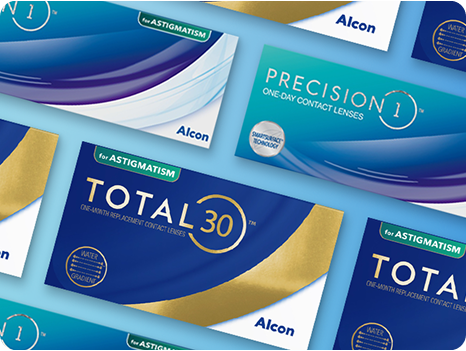 A collection of Alcon contact lens packaging, including Precision1, Precision1 For Astigmatism and Total30 For Astigmatism