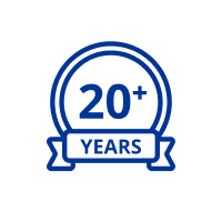 Blue 20+ years icon on a white circular background