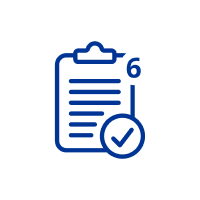Blue document holder icon with a checkmark on a white circular background