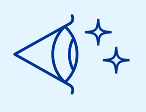Abstract icon resembling an eye with two sparkles to the right