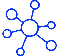 icon of a central circle connected to six outer circles, symbolizing a network, hub, or interconnected system