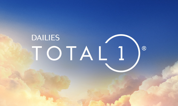 Official logo for Dailies Total1 daily contact lenses set over a blue sky above the clouds