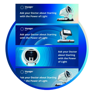 Set of Voyager DSLT digital banner ads featuring the message 'Ask your Doctor about Starting with the Power of Light' and various views of the device