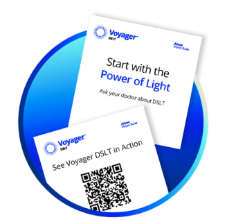 Promotional cards for Voyager DSLT featuring the phrases 'Start with the Power of Light' and 'See Voyager DSLT in Action' with a QR code for video access