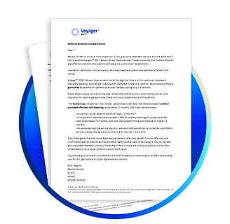 Referral network template letter for Voyager DSLT, displayed on overlapping sheets with the Voyager logo and body text formatted in a formal letter style