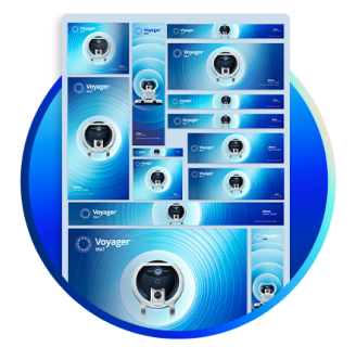 Collection of Voyager DSLT digital ad banners in various sizes, featuring the device image, concentric light patterns, and Voyager branding