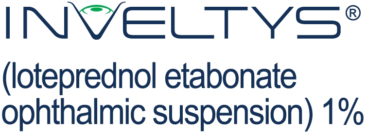 Logo displaying the word ‘INVELTYS,’ with a stylized green eye shape integrated above the letter ‘V.’ Beneath the logo is the text ‘(loteprednol etabonate ophthalmic suspension) 1%.