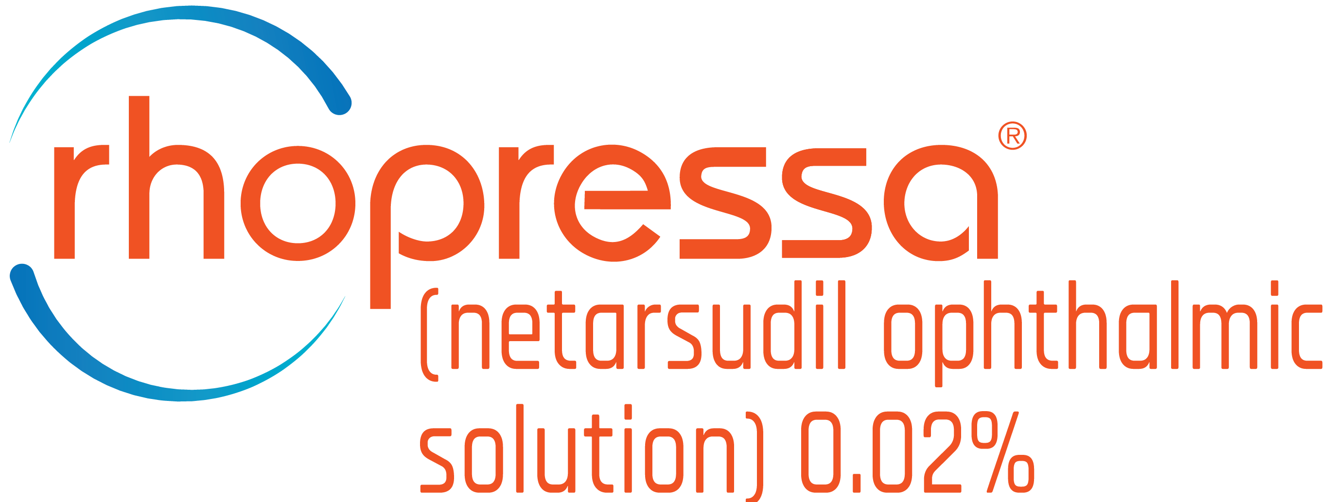 Logo displaying the word ‘rhopressa’ in orange lowercase letters, framed on the left and right by partial blue circular swooshes. Beneath the logo is the text ‘(netarsudil ophthalmic solution) 0.02%.