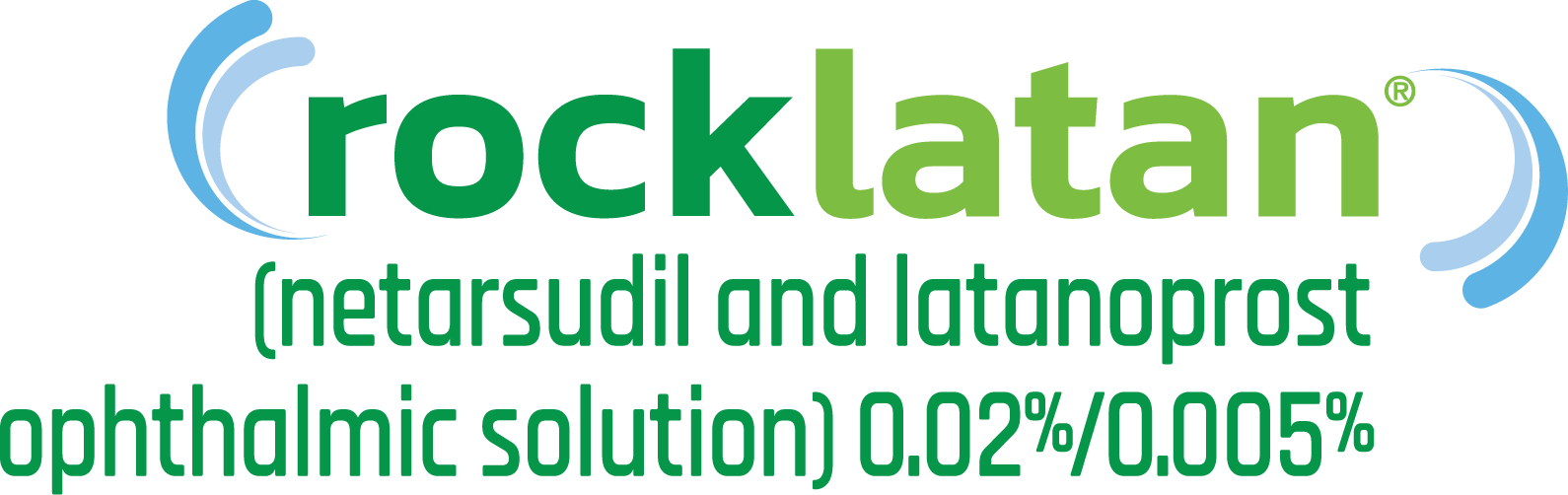 Logo displaying the word ‘rocklatan’ in green lowercase letters, with curved blue swooshes on both sides. Beneath the logo is the text ‘(netarsudil and latanoprost ophthalmic solution) 0.02%/0.005%.’