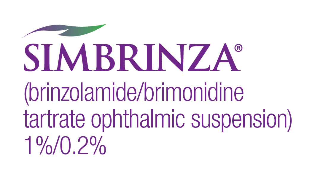 Logo displaying the word ‘SIMBRINZA’ in purple capital letters, with a stylized green and purple swoosh above the first letters. Beneath the logo is the text ‘(brinzolamide/brimonidine tartrate ophthalmic suspension) 1%/0.2%.