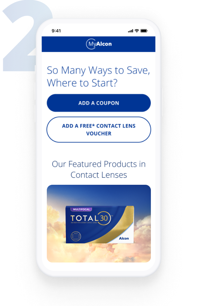 Mobile screen displaying the MyAlcon savings page with options to add a coupon or a free contact lens voucher, and a featured product image of TOTAL30 Multifocal monthly contact lenses.