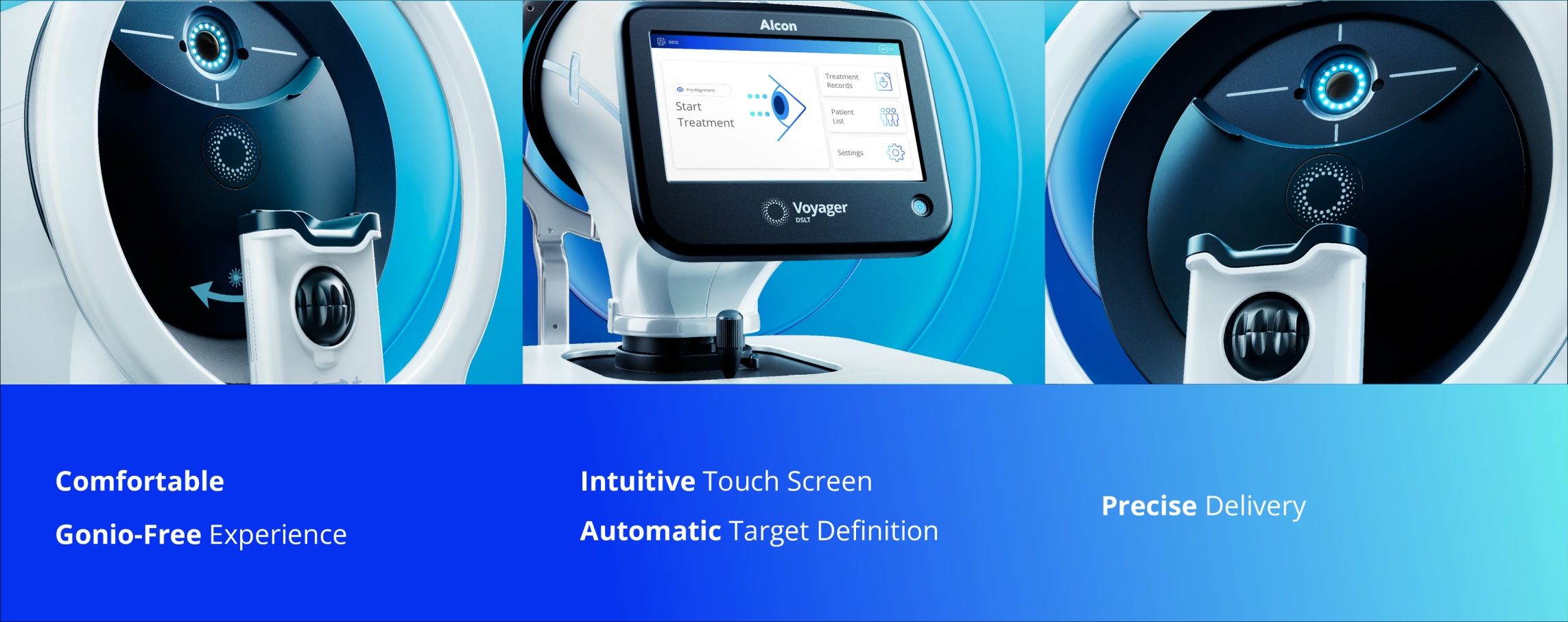 Three images showcasing the Alcon Voyager DSLT glaucoma treatment laser system. The first image highlights the device's ergonomic design and comfortable gonio-free experience. The second image shows the intuitive touch screen interface with automatic target definition. The third image focuses on the precision delivery mechanism of the device."