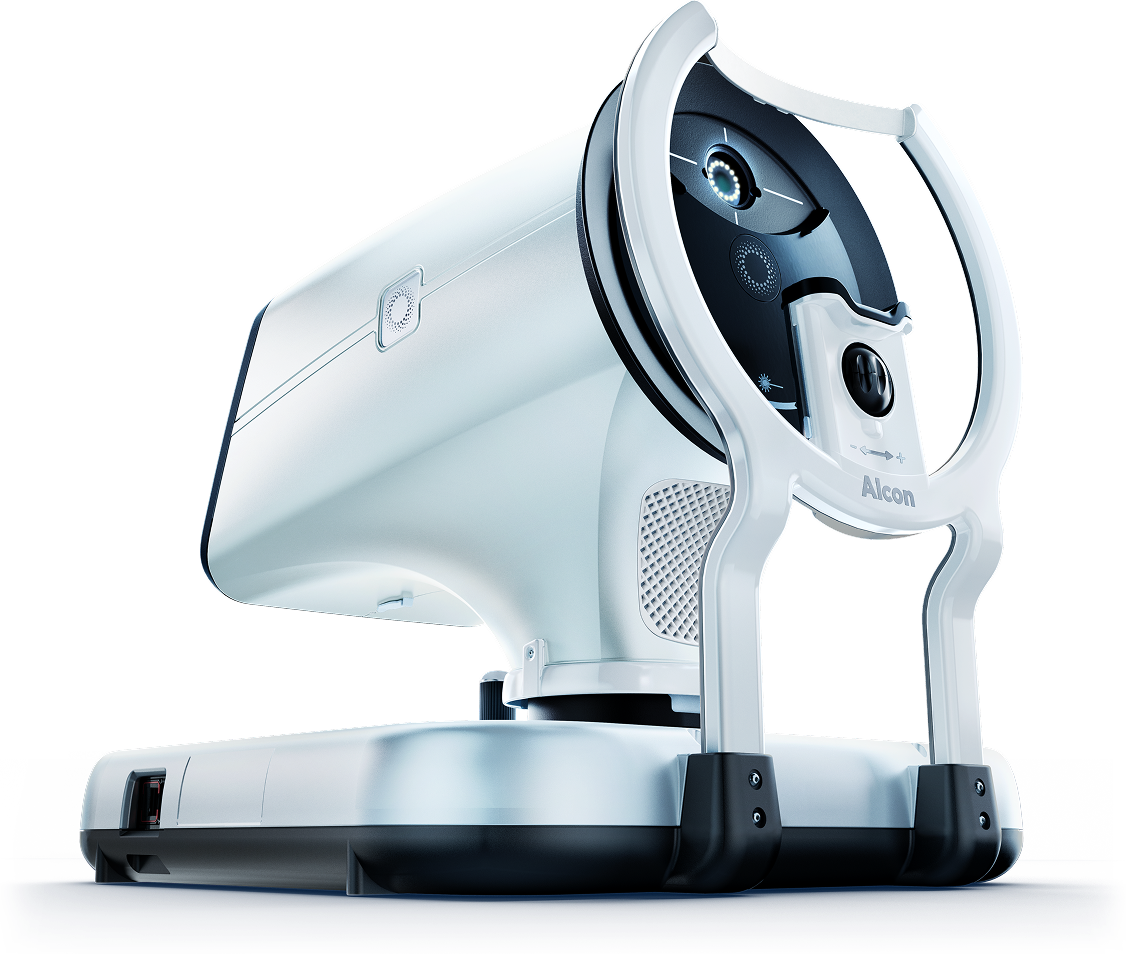 Alcon Voyager DSLT glaucoma laser device, showing the eye interface ring, optical aperture, and ergonomic design for patient alignment