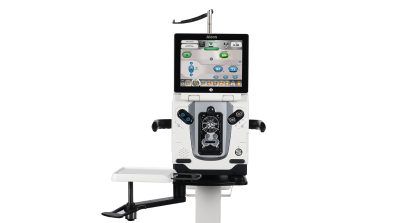 Alcon ophthalmic surgical system with touchscreen interface and hand controls, designed for precision cataract procedures.