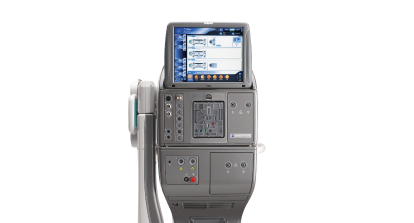 Alcon surgical equipment with integrated touchscreen display showing interface for ophthalmic procedures, including system controls and settings.