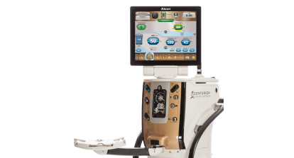 Alcon Centurion Vision System device with touchscreen interface for cataract surgery, displaying real-time surgical settings and performance metrics.