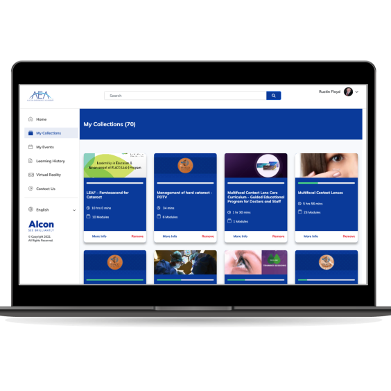 Laptop displaying the Alcon Experience Academy dashboard with educational course tiles and navigation menu for eye care professionals.