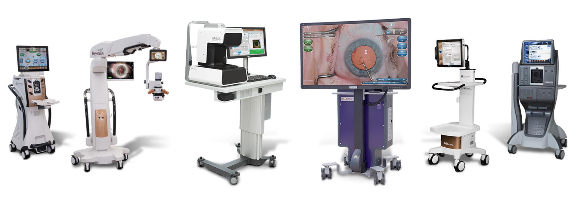 Six pieces of ophthalmic surgical equipment displayed side by side, including visualization systems, diagnostic devices, and phacoemulsification machines. Each unit has a distinct design with screens, stands, and control panels, arranged against a white background.