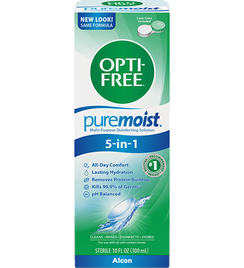 OPTI-FREE Puremoist 5-in-1 Multi-Purpose Disinfecting Solution box with Alcon logo