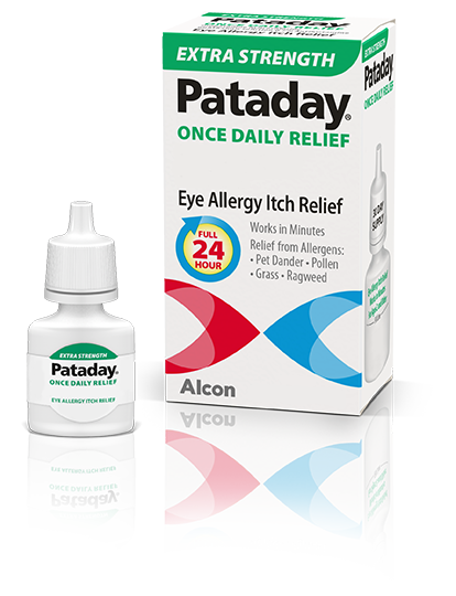 bottle and product box for Extra Strength Pataday eye allergy itch relief drops by Alcon