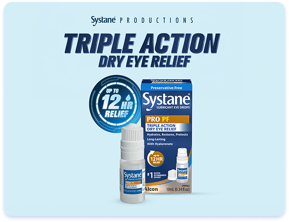Systane Pro PF lubricant eye drops packaging shown with triple action dry eye relief messaging