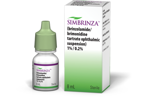 Simbrinza 8 mL eye drops for reducing eye pressure, with green cap and white packaging labeled 1%/0.2%.