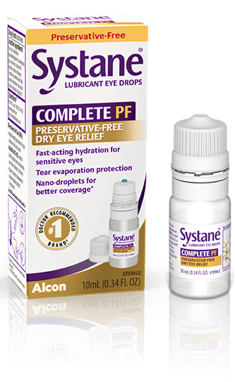 New Systane Complete Preservative-free Lubricating Eye Drops box and multi-dose bottle