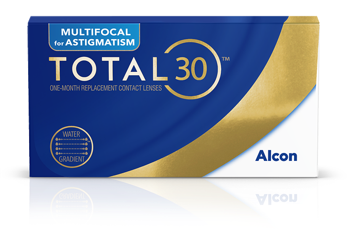 Product box for Total30 Multifocal for Astigmatism one-month replacement contact lenses in blue and gold packaging and Alcon logo.