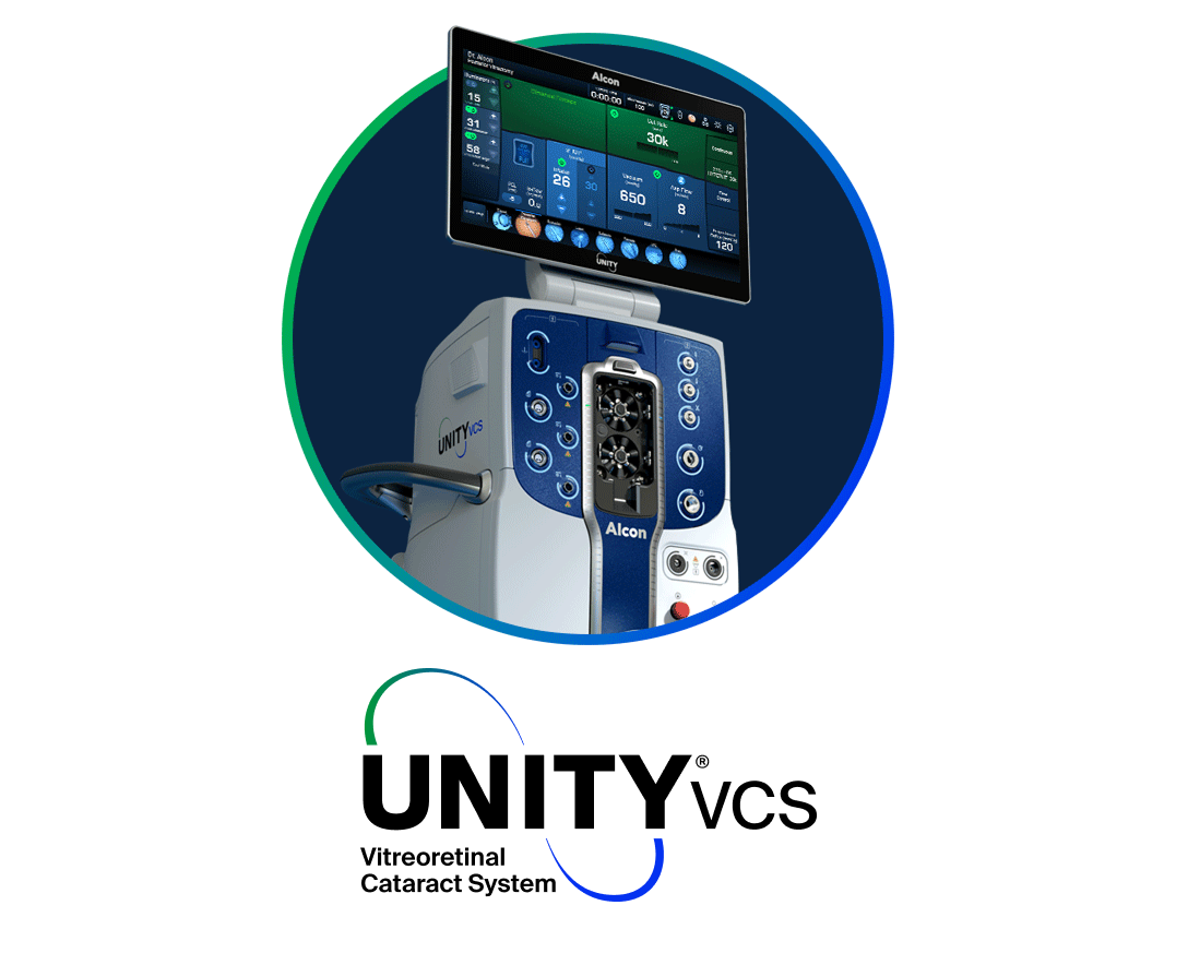 Alcon UNITY VCS surgical system with a large digital screen displaying surgical settings, shown inside a circular graphic frame