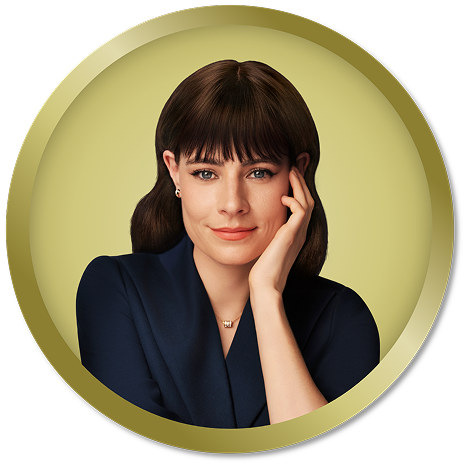 Woman with dark hair wearing a navy outfit, resting her chin on her hand and smiling softly