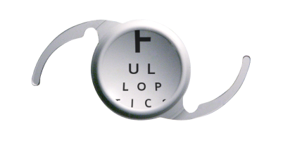 Close up of an Tecnis 1-piece IOL with letters behind it, showing limited use of the 4.9 mm aspheric optic.