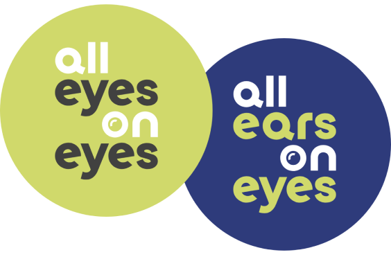 Kreissymbole mit Textlesung “all eyes on eyes” und “all ears on eyes”