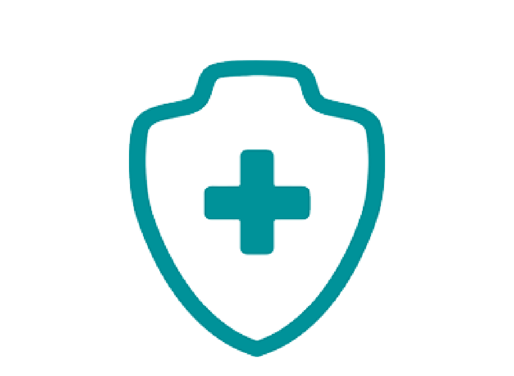 Blaugrünes Symbol eines Schildes mit einem medizinischen Kreuz in der Mitte.