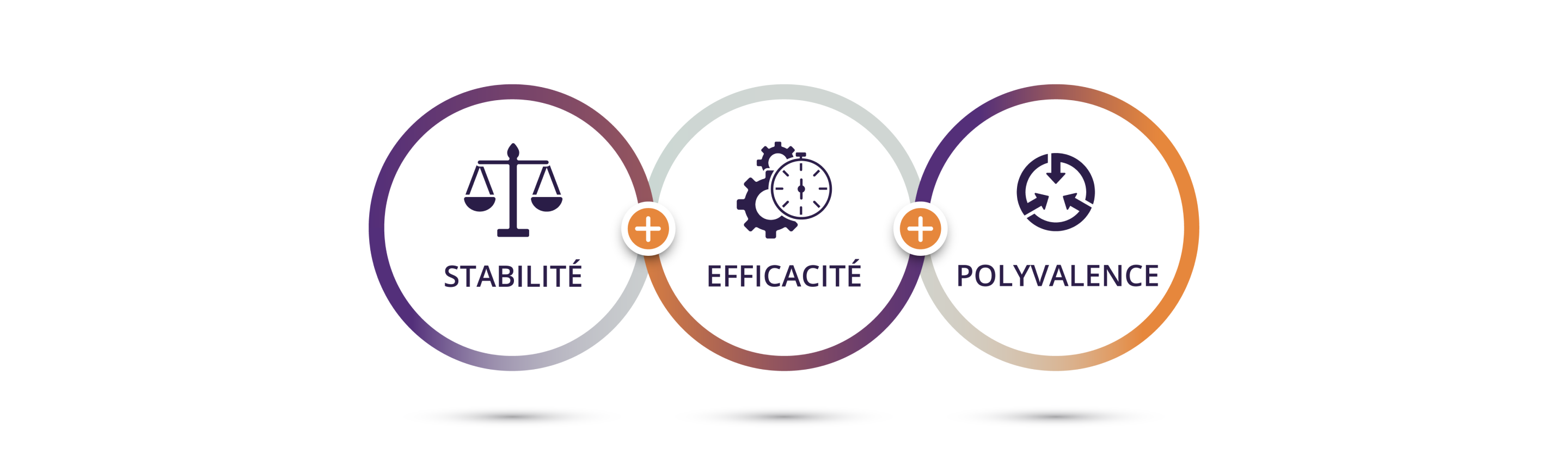 3 cercles imbriqués. À l'intérieur du premier cercle se trouve l'icône violet foncé d'une balance avec le texte "stabilité" en dessous. À l'intérieur du deuxième cercle se trouve une icône violet foncé représentant deux engrenages derrière un chronomètre, avec un texte en dessous indiquant "efficacité". À l'intérieur du troisième cercle se trouve l'icône violet foncé d'un cercle avec trois flèches pointant vers l'intérieur, sous laquelle on peut lire "polyvalence".