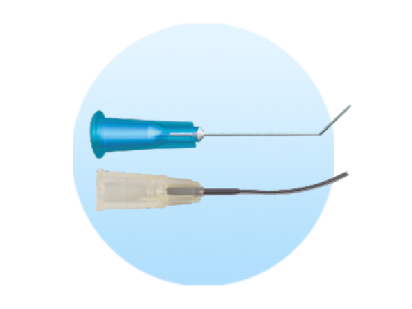 Cystitome, cannula and surgical needle on a pale blue circle background.