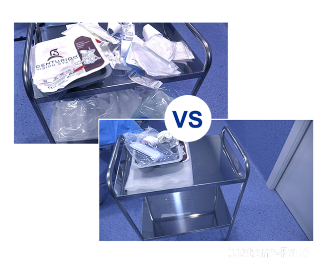 Two images divided by blue text that reads “VS” to show a comparison. The first image shows a surgical cart filled with discarded packaging from standalone products. The second image shows a surgical cart with much less packaging after Custom-Pak® has been used.