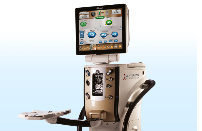 CENTURION Vision System with ACTIVE SENTRY Handpiece in front of a light-blue background