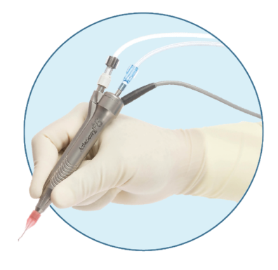 A gloved hand holds the ACTIVE SENTRY® Handpiece on a light blue background.