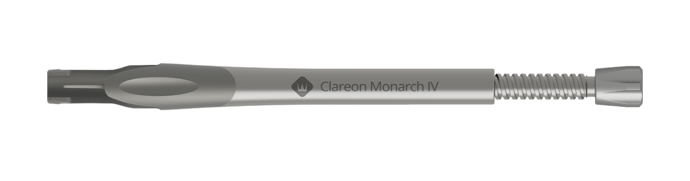 Clareon Monarch IV Handpiece sits horizontally in front of a dark blue background. 3 circular buttons with a “plus-sign” in the middle indicate areas of interest on the Clareon Monarch IV Handpiece.