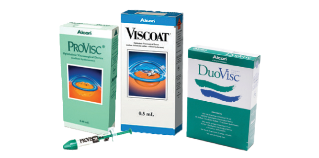 Product shots of Alcon’s Ophthalmic Viscosurgical Devices: ProVisc, Viscoat, DuoVisc.