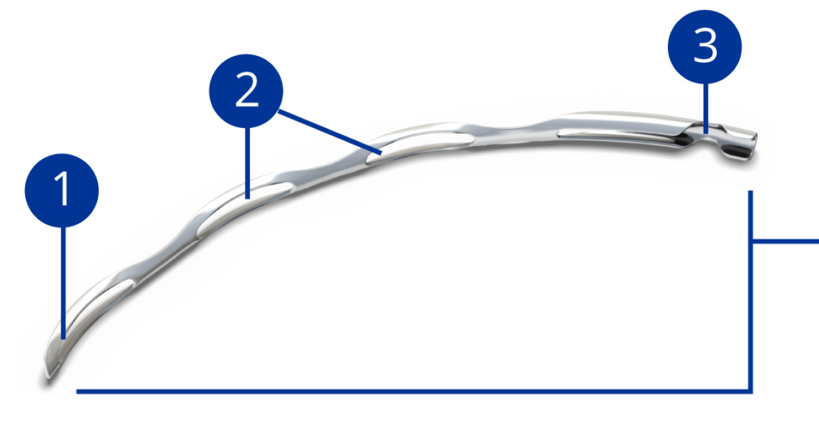 An image of the Hydrus Microstent device appears over a light-blue background. Numbers one through three appear over the image pointing to different locations on the device.